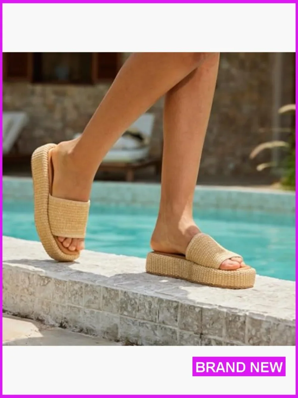 Women Raffia Espadrille Platform Slides Woven Straw Beach Vacation Shoes